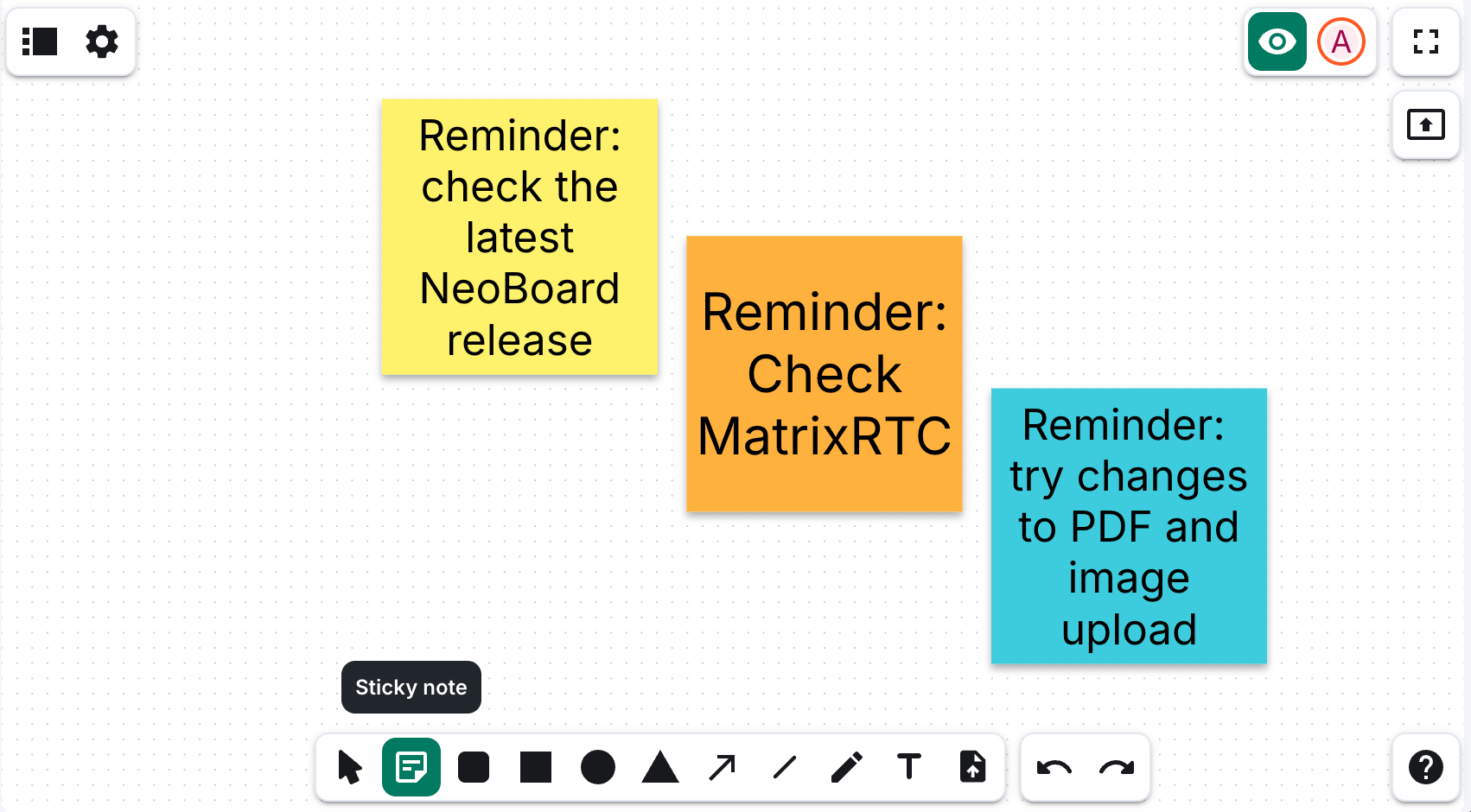 3 sticky notes in different colors are placed on a diagonal line on the NeoBoard widget's canvas.